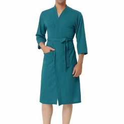 Allegra K Men's Waffle Bathrobe Solid Color Sleepwear 3/4 Sleeves Kimono Spa Robe