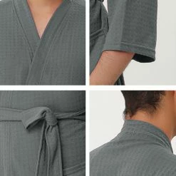 Allegra K Men's Waffle Bathrobe Solid Color Sleepwear 3/4 Sleeves Kimono Spa Robe