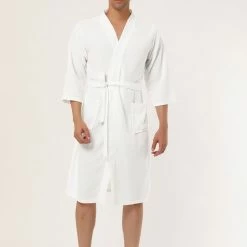 Allegra K Men's Waffle Bathrobe Solid Color Sleepwear 3/4 Sleeves Kimono Spa Robe