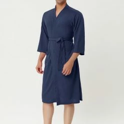 Allegra K Men's Waffle Bathrobe Solid Color Sleepwear 3/4 Sleeves Kimono Spa Robe