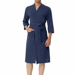 Allegra K Men's Waffle Bathrobe Solid Color Sleepwear 3/4 Sleeves Kimono Spa Robe
