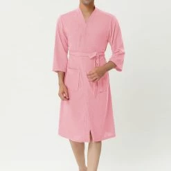 Allegra K Men's Waffle Bathrobe Solid Color Sleepwear 3/4 Sleeves Kimono Spa Robe