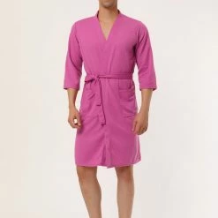 Allegra K Men's Waffle Bathrobe Solid Color Sleepwear 3/4 Sleeves Kimono Spa Robe