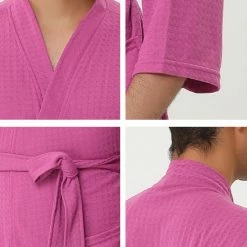 Allegra K Men's Waffle Bathrobe Solid Color Sleepwear 3/4 Sleeves Kimono Spa Robe