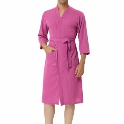 Allegra K Men's Waffle Bathrobe Solid Color Sleepwear 3/4 Sleeves Kimono Spa Robe