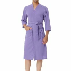 Allegra K Men's Waffle Bathrobe Solid Color Sleepwear 3/4 Sleeves Kimono Spa Robe