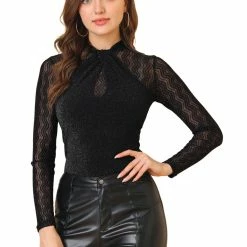 Allegra K Women's Party Tops Twist Neckline Sheer Mesh Long Sleeve Glitter Blouse