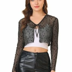 Allegra K Women's Glitter Blouse Star V Neck Semi-Sheer Tie Front Long Sleeve Shrug Top