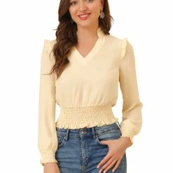Allegra K Women's Ruffle V-Neck Long Sleeve Chiffon Smocked Waist Blouse