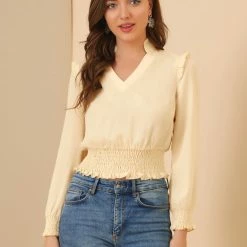 Allegra K Women's Ruffle V-Neck Long Sleeve Chiffon Smocked Waist Blouse