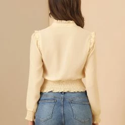 Allegra K Women's Ruffle V-Neck Long Sleeve Chiffon Smocked Waist Blouse