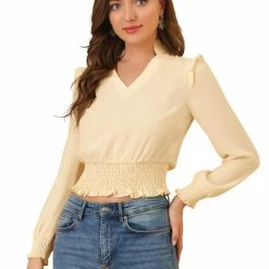 Allegra K Women's Ruffle V-Neck Long Sleeve Chiffon Smocked Waist Blouse