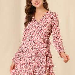 Allegra K Women's Floral V-Neck Tie Waist Long Sleeve Layered Ruffle Hem Dress