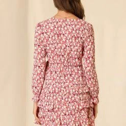 Allegra K Women's Floral V-Neck Tie Waist Long Sleeve Layered Ruffle Hem Dress