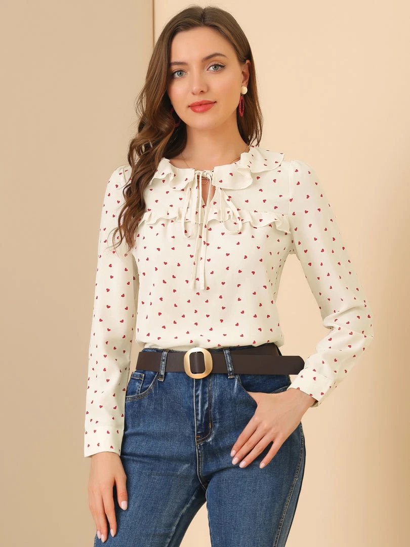 Allegra K Women's Tie Ruffle Neck Blouse Heart Print Vintage Long Sleeve Top 6 Allegra K Women's Tie Ruffle Neck Blouse Heart Print Vintage Long Sleeve Top