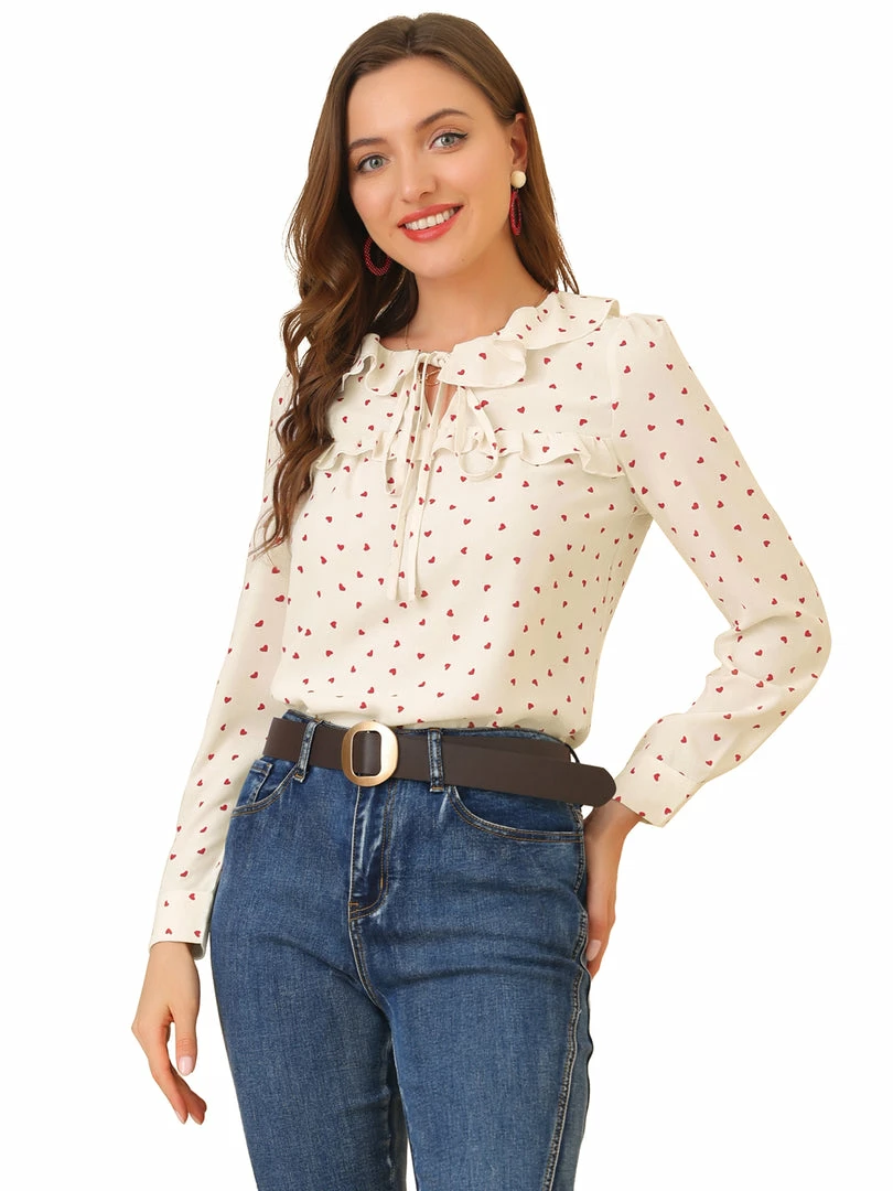 Allegra K Women's Tie Ruffle Neck Blouse Heart Print Vintage Long Sleeve Top 4 Allegra K Women's Tie Ruffle Neck Blouse Heart Print Vintage Long Sleeve Top