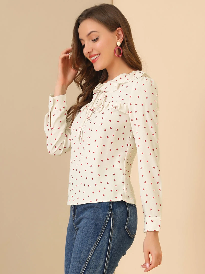 Allegra K Women's Tie Ruffle Neck Blouse Heart Print Vintage Long Sleeve Top 13 Allegra K Women's Tie Ruffle Neck Blouse Heart Print Vintage Long Sleeve Top