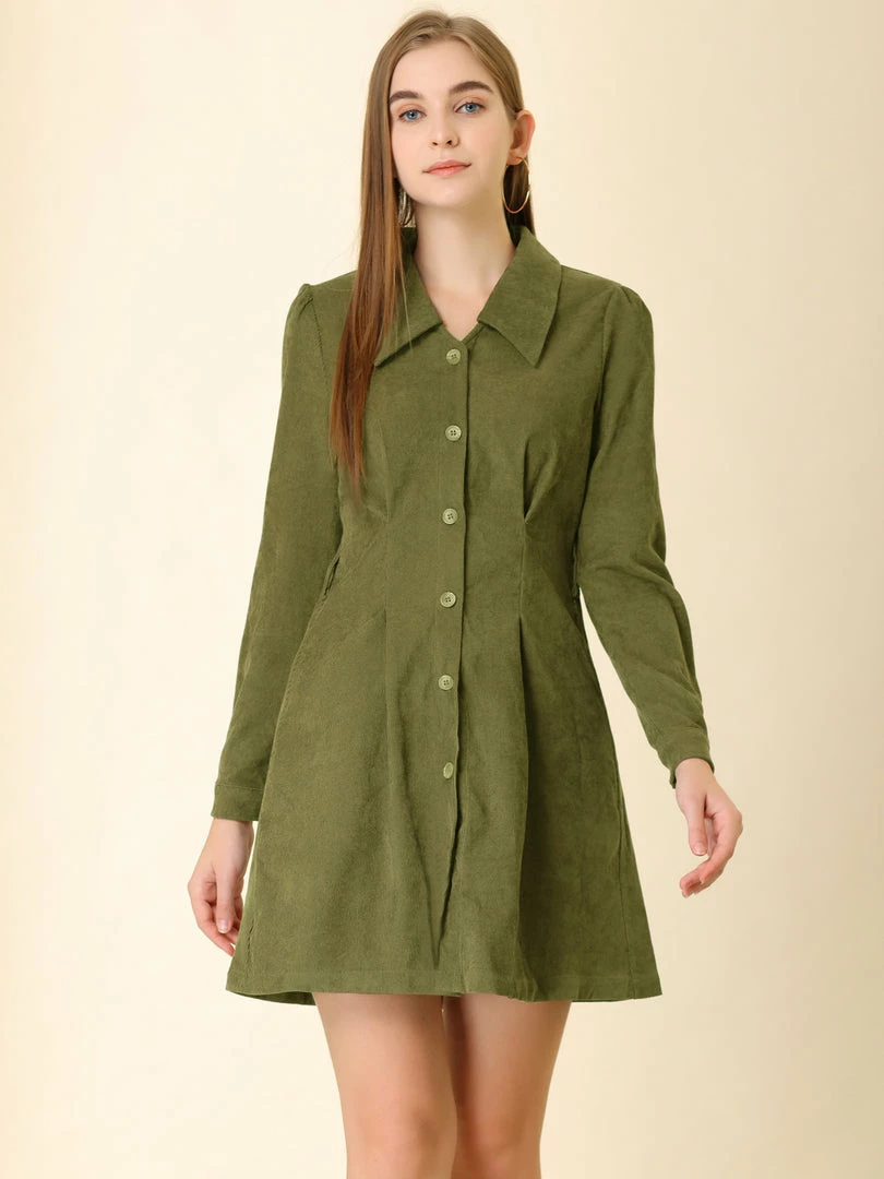 Allegra K Women's Corduroy Tie Waist Button Front Vintage Mini A-Line Shirt Dress 5 Allegra K Women's Corduroy Tie Waist Button Front Vintage Mini A-Line Shirt Dress