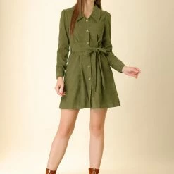 Allegra K Women's Corduroy Tie Waist Button Front Vintage Mini A-Line Shirt Dress 12 Allegra K Women's Corduroy Tie Waist Button Front Vintage Mini A-Line Shirt Dress
