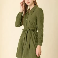 Allegra K Women's Corduroy Tie Waist Button Front Vintage Mini A-Line Shirt Dress 13 Allegra K Women's Corduroy Tie Waist Button Front Vintage Mini A-Line Shirt Dress