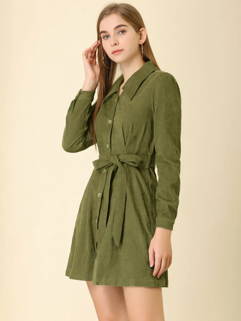 Allegra K Women's Corduroy Tie Waist Button Front Vintage Mini A-Line Shirt Dress 7 Allegra K Women's Corduroy Tie Waist Button Front Vintage Mini A-Line Shirt Dress