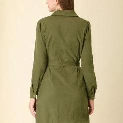 Allegra K Women's Corduroy Tie Waist Button Front Vintage Mini A-Line Shirt Dress 14 Allegra K Women's Corduroy Tie Waist Button Front Vintage Mini A-Line Shirt Dress
