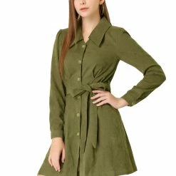 Allegra K Women's Corduroy Tie Waist Button Front Vintage Mini A-Line Shirt Dress