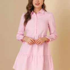 Allegra K Women's Babydoll Shirt Dress Cotton Button Front Dress