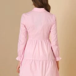 Allegra K Women's Babydoll Shirt Dress Cotton Button Front Dress