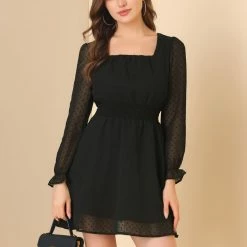 Allegra K Women's Swiss Dots Smocked Waist Semi Sheer Valentines Day Mini Dress 11 Allegra K Women's Swiss Dots Smocked Waist Semi Sheer Valentines Day Mini Dress