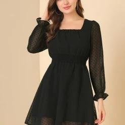 Allegra K Women's Swiss Dots Smocked Waist Semi Sheer Valentines Day Mini Dress 12 Allegra K Women's Swiss Dots Smocked Waist Semi Sheer Valentines Day Mini Dress