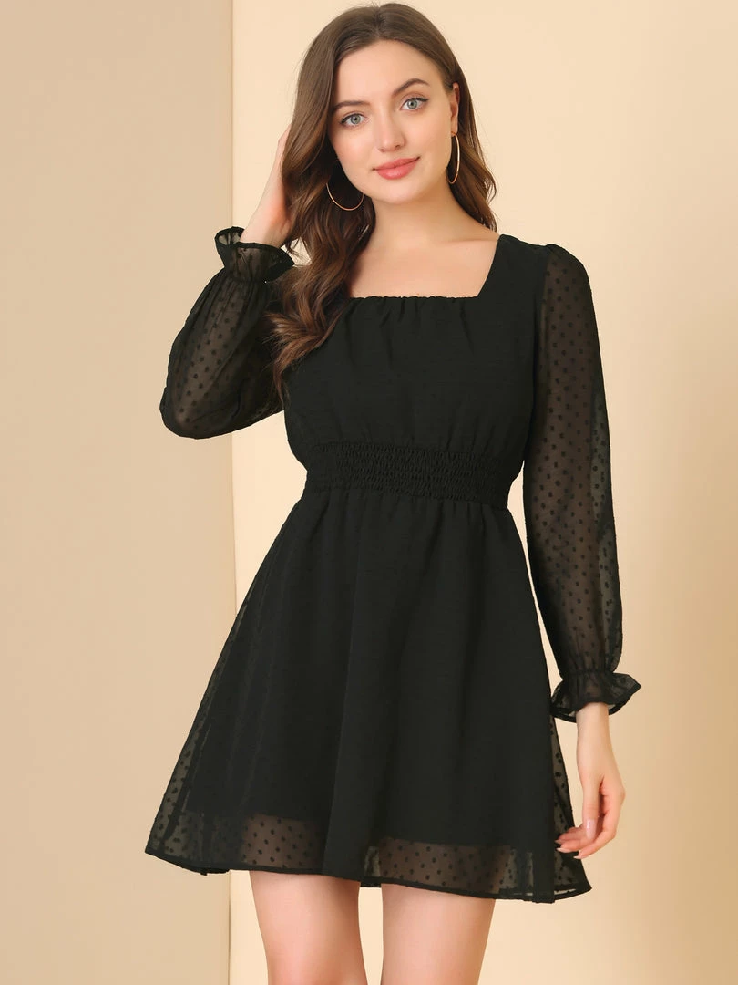 Allegra K Women's Swiss Dots Smocked Waist Semi Sheer Valentines Day Mini Dress 6 Allegra K Women's Swiss Dots Smocked Waist Semi Sheer Valentines Day Mini Dress