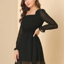 Allegra K Women's Swiss Dots Smocked Waist Semi Sheer Valentines Day Mini Dress 13 Allegra K Women's Swiss Dots Smocked Waist Semi Sheer Valentines Day Mini Dress