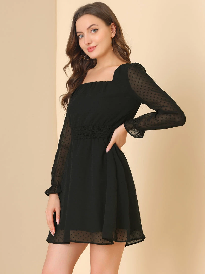 Allegra K Women's Swiss Dots Smocked Waist Semi Sheer Valentines Day Mini Dress 7 Allegra K Women's Swiss Dots Smocked Waist Semi Sheer Valentines Day Mini Dress