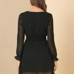 Allegra K Women's Swiss Dots Smocked Waist Semi Sheer Valentines Day Mini Dress 14 Allegra K Women's Swiss Dots Smocked Waist Semi Sheer Valentines Day Mini Dress