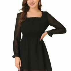 Allegra K Women's Swiss Dots Smocked Waist Semi Sheer Valentines Day Mini Dress