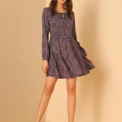 Allegra K Women's Floral Print Tiered Dress Tie Neck Layered Babydoll Dress