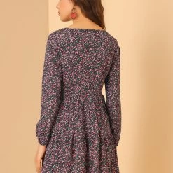 Allegra K Women's Floral Print Tiered Dress Tie Neck Layered Babydoll Dress