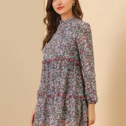 Allegra K Women's Floral Ruffle Neck Long Sleeve Keyhole Back Chiffon Babydoll Mini Dress