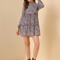 Allegra K Women's Floral Ruffle Neck Long Sleeve Keyhole Back Chiffon Babydoll Mini Dress