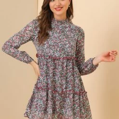 Allegra K Women's Floral Ruffle Neck Long Sleeve Keyhole Back Chiffon Babydoll Mini Dress