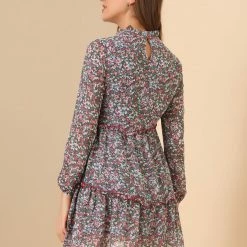 Allegra K Women's Floral Ruffle Neck Long Sleeve Keyhole Back Chiffon Babydoll Mini Dress