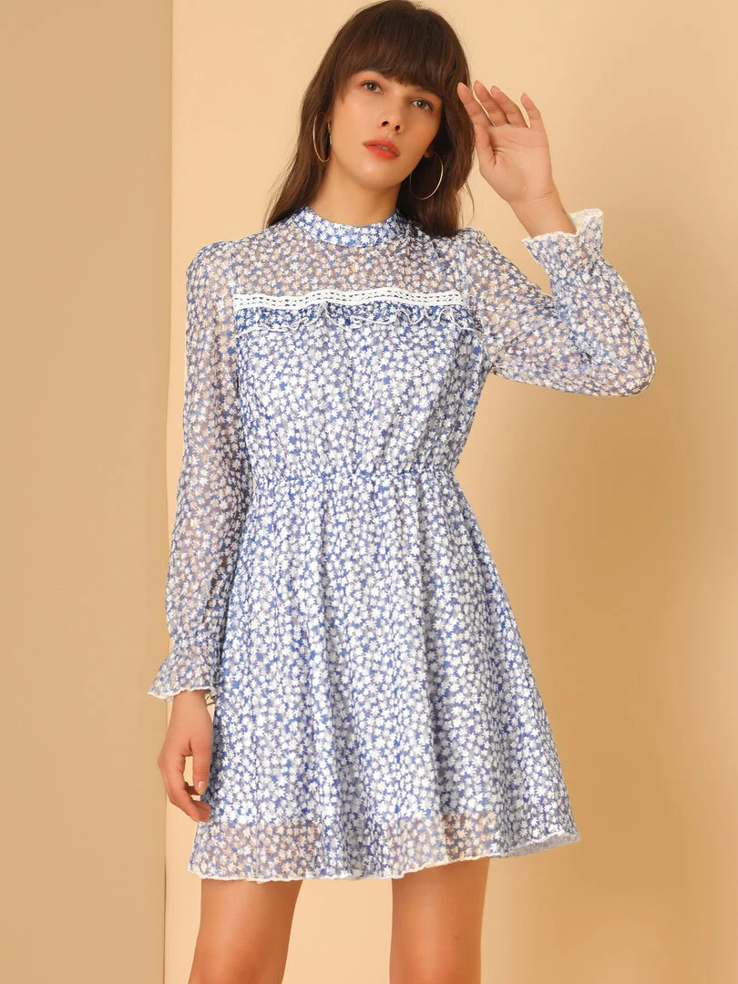 Allegra K Women's Lace Semi Sheer Ruched Front Long Sleeve Floral Lined Contrast Trim Mini Dress 6 Allegra K Women's Lace Semi Sheer Ruched Front Long Sleeve Floral Lined Contrast Trim Mini Dress