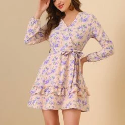 Allegra K Women's Tiered Ruffle Hem 3/4 Sleeve Tie Waist Floral Dress