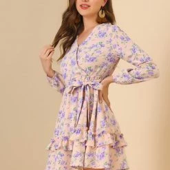 Allegra K Women's Tiered Ruffle Hem 3/4 Sleeve Tie Waist Floral Dress