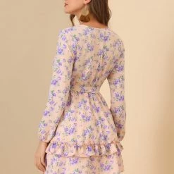 Allegra K Women's Tiered Ruffle Hem 3/4 Sleeve Tie Waist Floral Dress