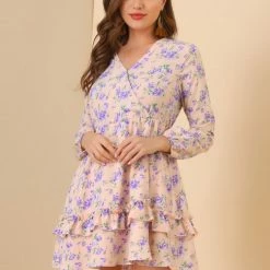 Allegra K Women's Tiered Ruffle Hem 3/4 Sleeve Tie Waist Floral Dress