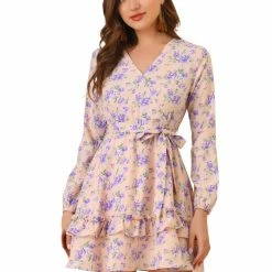 Allegra K Women's Tiered Ruffle Hem 3/4 Sleeve Tie Waist Floral Dress