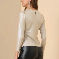 Allegra K Women's Party Club Glitter Long Puff Sleeve Metallic Shiny Tops