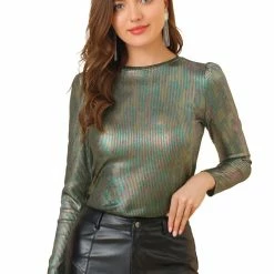 Allegra K Women's Party Club Glitter Long Puff Sleeve Metallic Shiny Tops